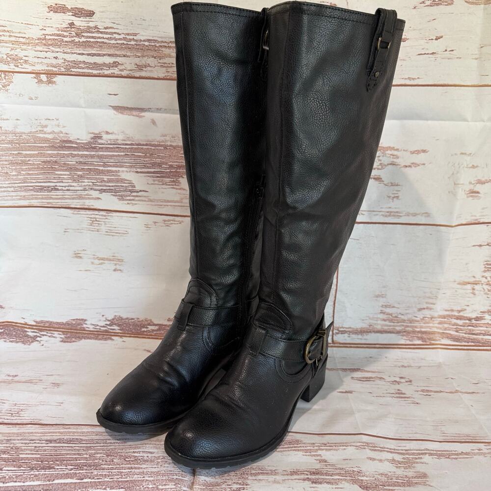 Rampage Women's Black Faux Leather Buckle Riding Knee High Boots Size 6.5